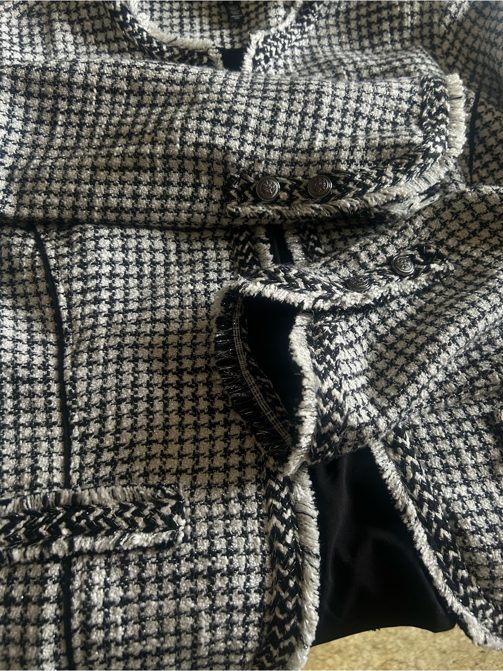 Black & White Tweed Collarless Jacket with Frayed edge detailing - Picture 10 of 17